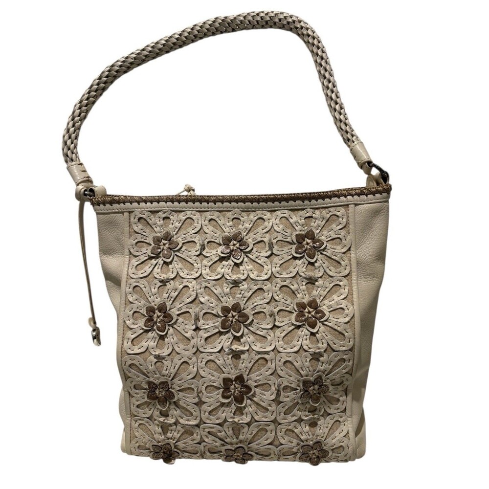 Brighton 3D Masterpiece Ivory Flora Weaved Leather Linen Purse